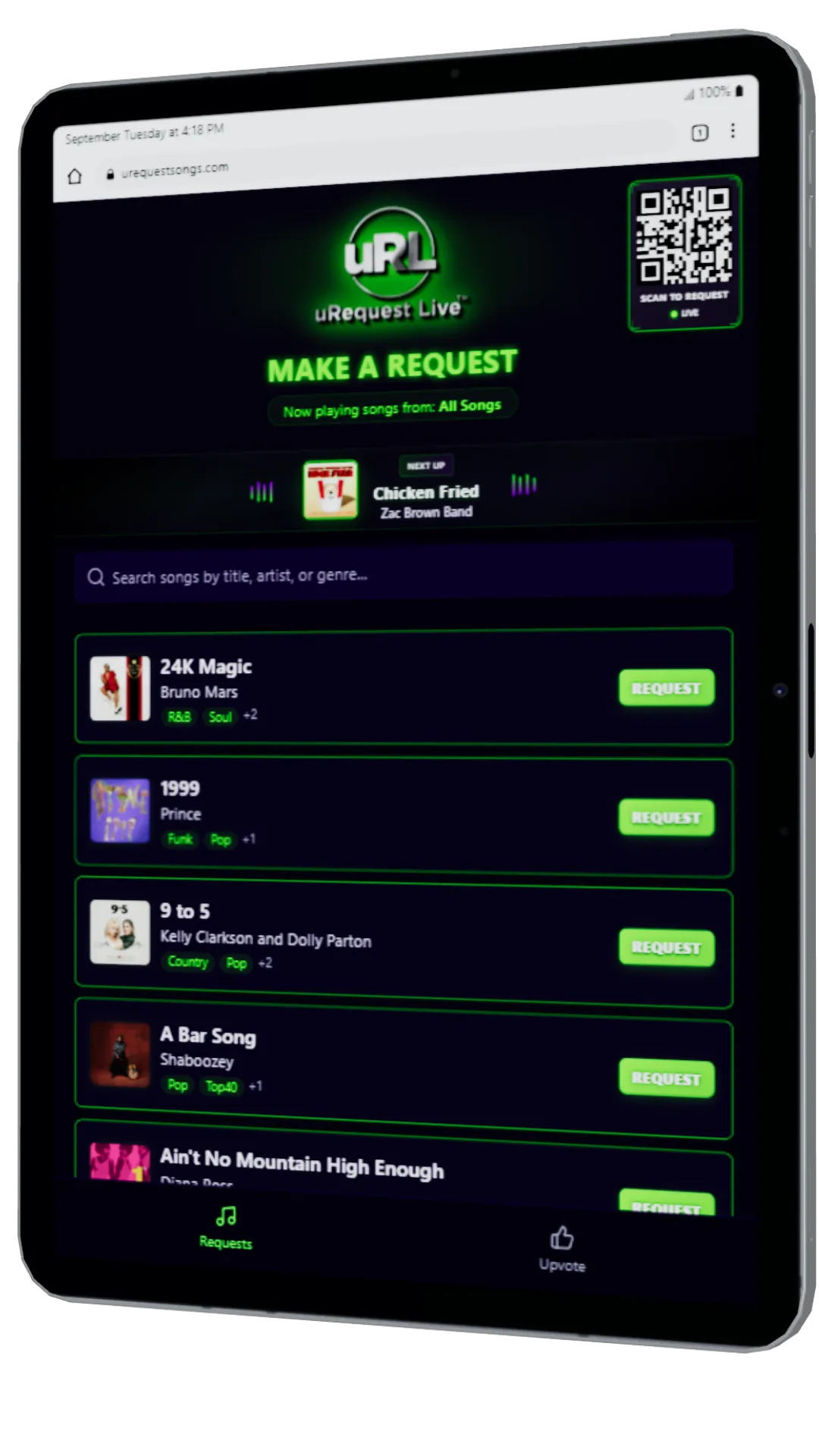 uRequest Live iPad interface showing song request system